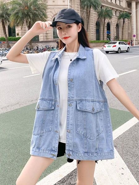 Ženski traper prsluk s printom srednje dužine