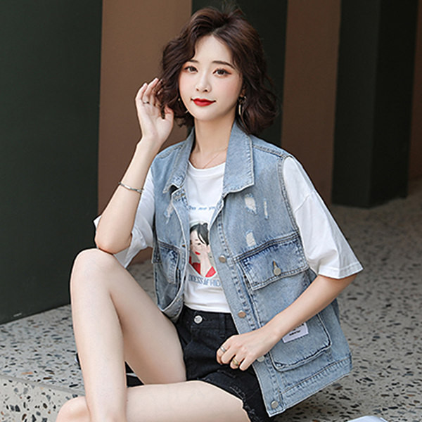 Moteriška džinsinė liemenė su didele kišene