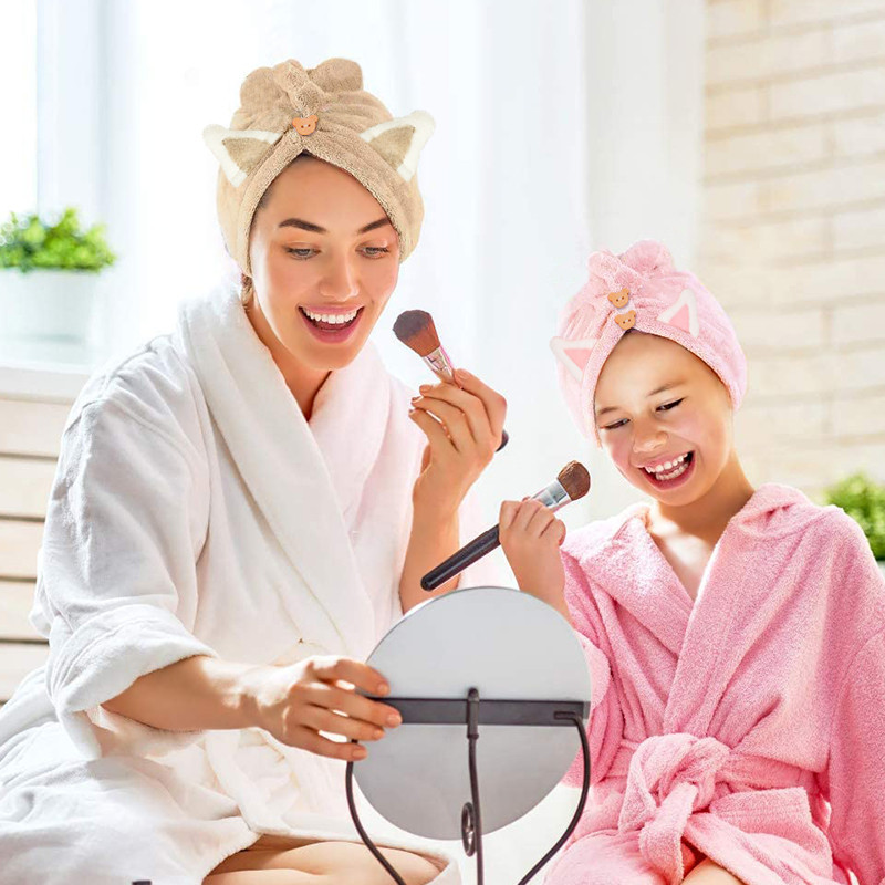 Greitai džiūstantys rankšluosčiai plaukams Moterims ir vaikams Mielos katės ausys, itin sugeriantys, storesni mikropluošto turbaniniai rankšluosčiai su meškiuko sagomis