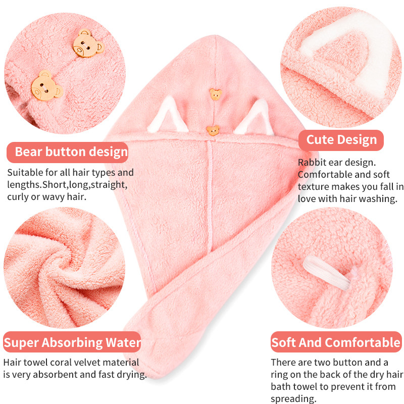 Prosop cu turban de păr, șapcă pentru prosop de păr uscat cu buclă și închidere cu butoane Prosop de păr super absorbant cu uscare rapidă pentru femei și copii