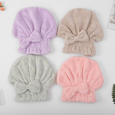 Girls Quick Dry Hair Cap Coral Fleece Pure Color Absorbent Dry Hair dvielis Bowknot dušas cepure galvassegas SPA dušas galvas saite