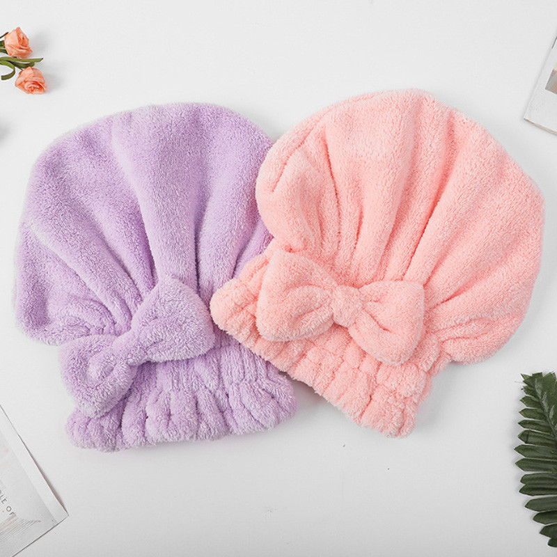 Căciulă de păr pentru fete, cu uscare rapidă, lână de coral, culoare pură, absorbant, prosop de păr uscat, șapcă de duș cu fundă