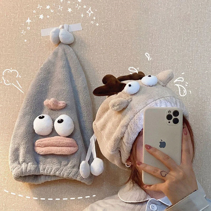 Juokingas mielas animacinis filmukas koralų vilnos minkštas plaukų rankšluostis, mikropluoštas, storas greitai išdžiūstantis rankšluostis moterims stebuklingas dušo plaukų kepuraitės turbanas