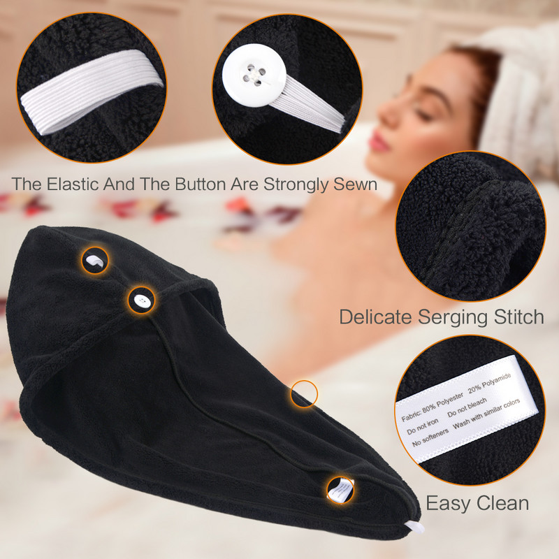 2022. aasta kuum soodusmüük Super imav mikrokiust juukserätik Turban Spa peakuivatuskork naistele 25cmx65cm 2 pakk must