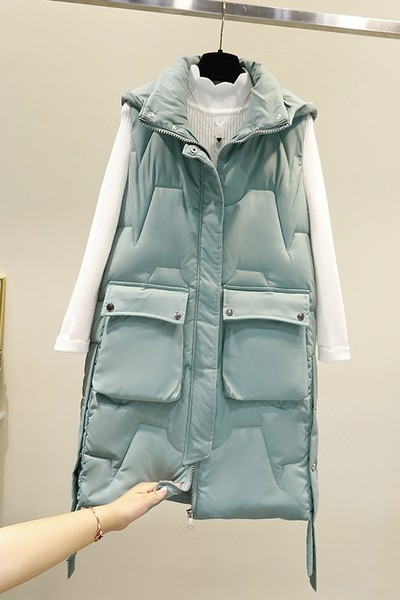 Moteriška ilga liemenė su gobtuvu ir kišenėmis