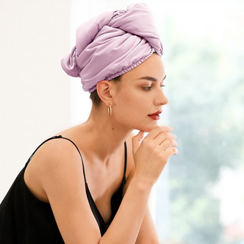 Нова модна удебелена сатенена шапка за сушене на коса Дамска двуслойна водопоглъщаща кърпа за коса Шапка за душ Коралов полар Тюрбан