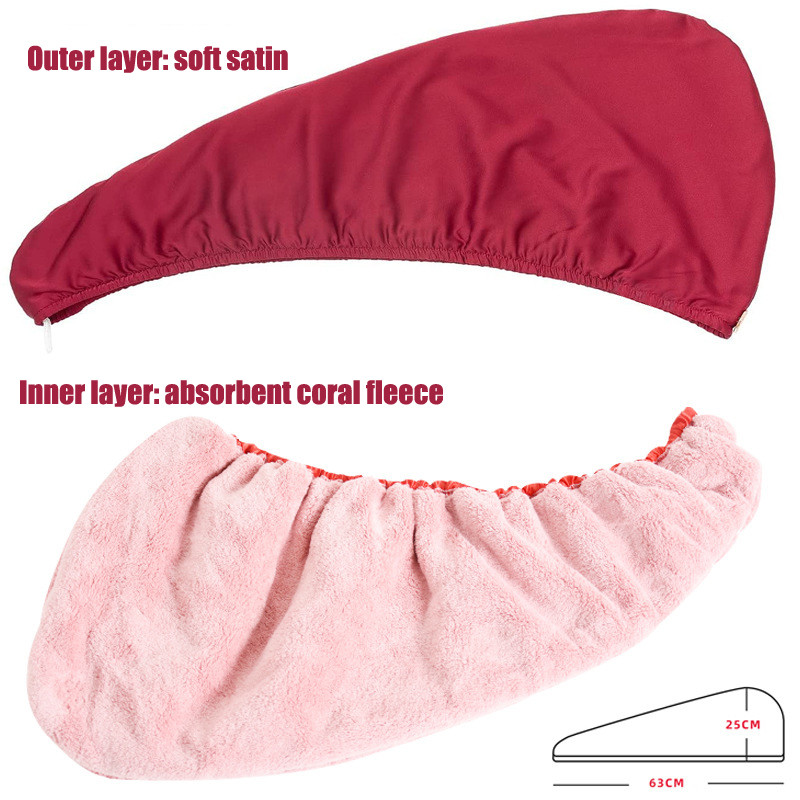 Nauja madinga stora satininė plaukų džiovinimo kepuraitė moterims dvigubo sluoksnio vandenį sugerianti plaukų rankšluosčių dušo kepurė Koralų vilnos turbanas