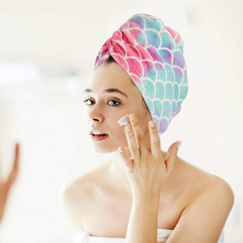 Микрофибърна кърпа за сушене на коса Супер абсорбираща суха опаковка за коса с бутон против къдрене Цветни рибени люспи Шапка за баня за душ за жени