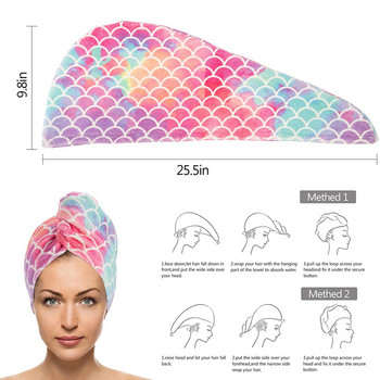 Микрофибърна кърпа за сушене на коса Супер абсорбираща суха опаковка за коса с бутон против къдрене Цветни рибени люспи Шапка за баня за душ за жени