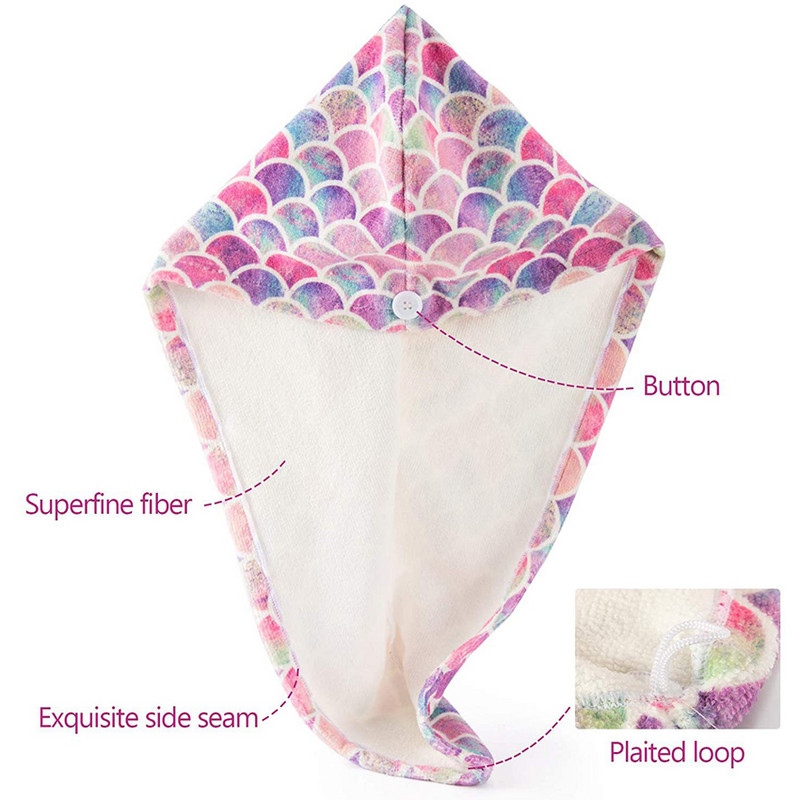 Mikropluošto plaukų džiovinimo rankšluostis, puikiai sugeriantis plaukų džiovinimo įvynioklis su mygtukais, apsaugantis nuo garbanos spalvingos žuvies svarstyklės vonios dušo kepuraitė moterims