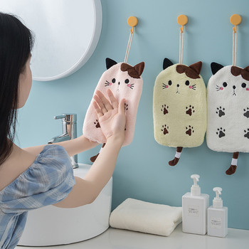 Супер абсорбираща висяща кърпа с бродирана котка Home Decora с двойно предназначение Коралова кадифена кърпа за ръце Консумативи за баня 1 бр.