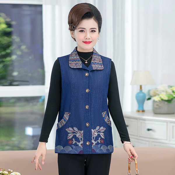 Ženski traper prsluk s džepovima i cvjetnim motivima