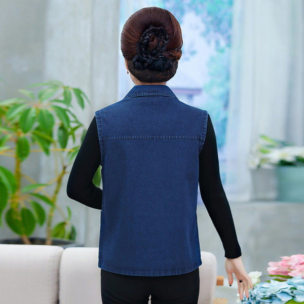 Moteriška džinsinė liemenė su apykakle ir kišene