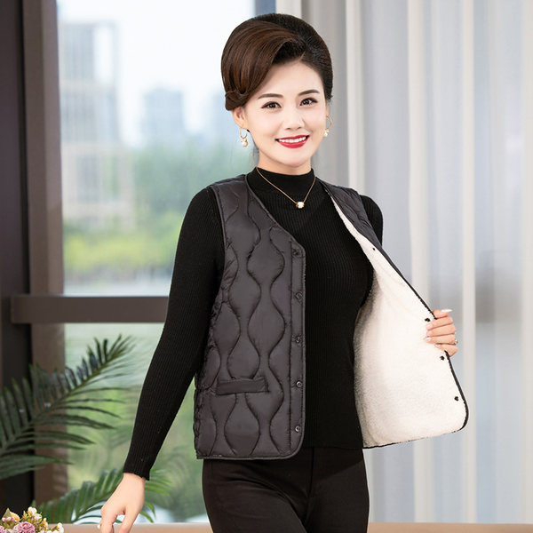 Ženski prošiveni kratki prsluk s ovalnim izrezom i gumbima