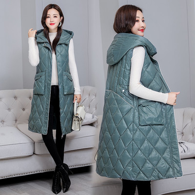 Vestă lungă casual de damă, cu glugă și nasturi