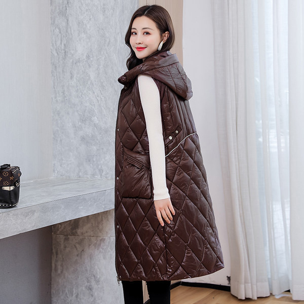 Vestă lungă casual de damă, cu glugă și nasturi