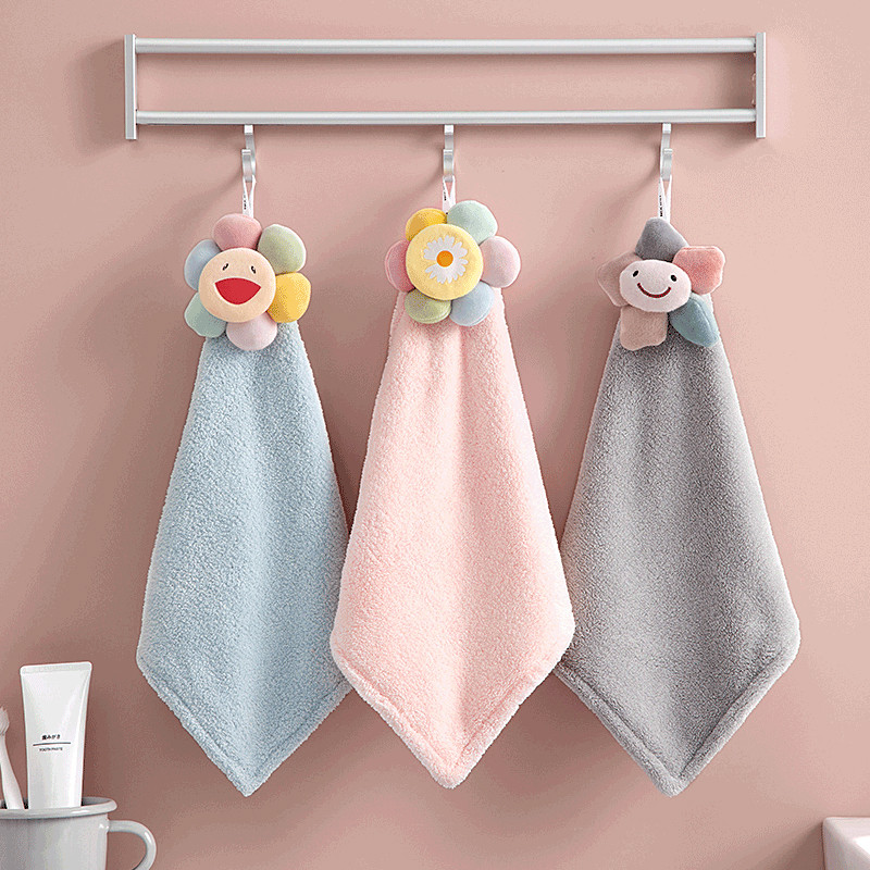 Prosop de mână cu flori de soare de desene animate, îngroșat, catifea de coral, batistă pentru ștergerea copiilor pentru acasă, prosoape decorative cu dublu scop