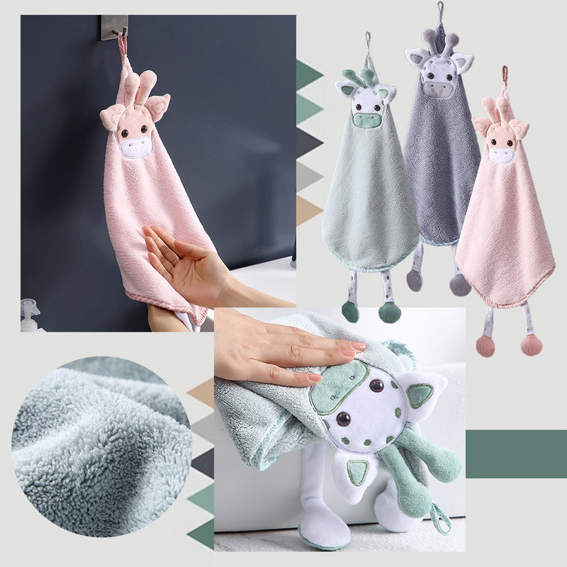 Új tisztítórongyok Nedvszívó törölközők Rajzfilm Zsiráf kéztörlő Korall Bársony Felakasztható Fürdőszoba Kemping Mosó Kéztörlő