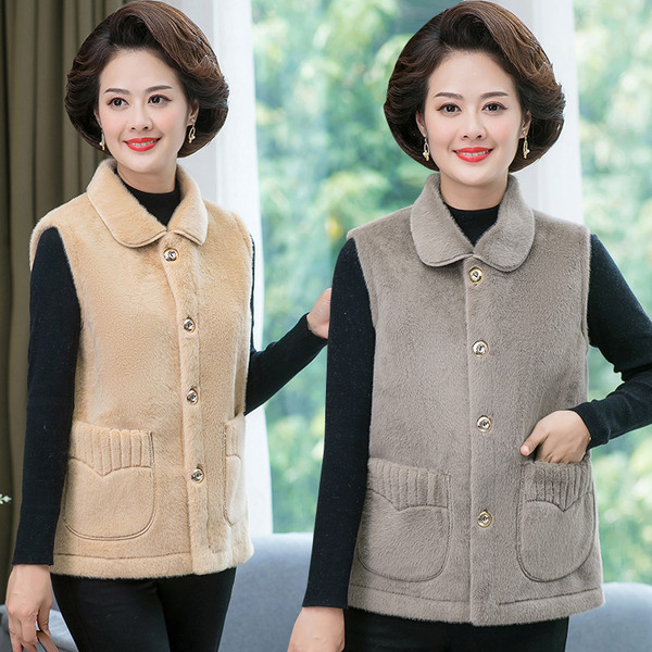 Női plüssmellény klasszikus gallérral és zsebbel