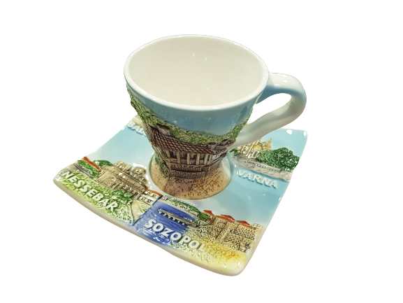 Чаша с чинийка Ahelos, За кафе, Керамични, Многоцветни