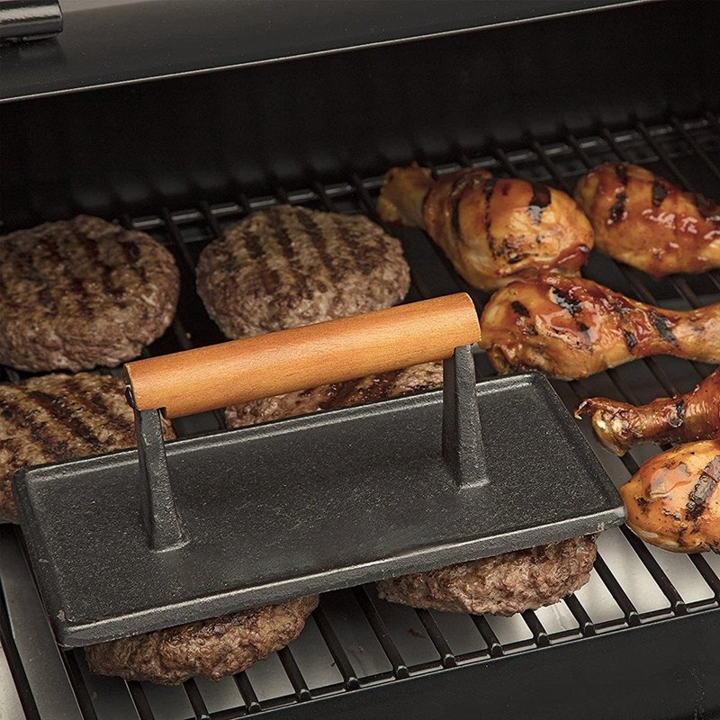 Öntöttvas sűrítő barbecue prés (fa nyél), steak prés