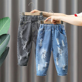 Šiuolaikiški džinsai su plėšytais motyvais ir kišene