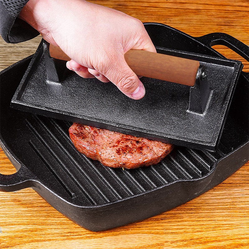 Öntöttvas sűrítő barbecue prés (fa nyél), steak prés