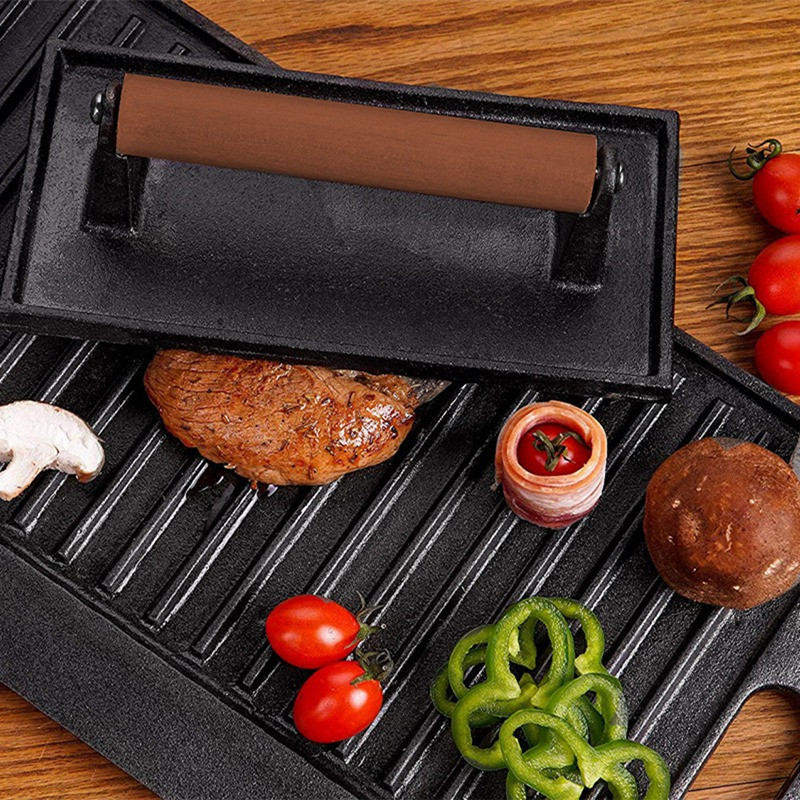 Öntöttvas sűrítő barbecue prés (fa nyél), steak prés