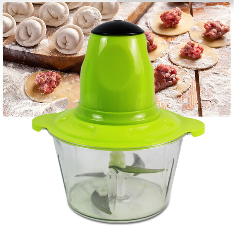 Elektrinis virtuvinis kombainas smulkintuvas Dviejų greičių 2L 200W Stiklinis dubenis Blenderis Mėsmalė Maistinėms Daržovėms Svogūnai Česnakai