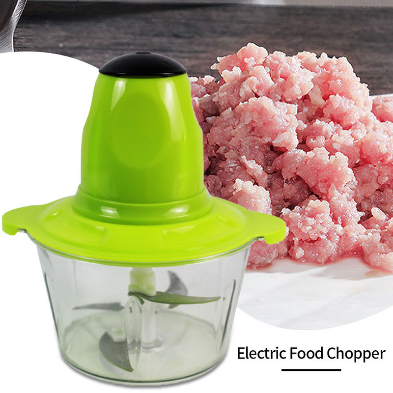 Elektrinis virtuvinis kombainas smulkintuvas Dviejų greičių 2L 200W Stiklinis dubenis Blenderis Mėsmalė Maistinėms Daržovėms Svogūnai Česnakai