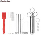 Nerūdijančio plieno kepsninės injektoriaus švirkštas, marinato mėsos purkštukas, 2 uncijų talpa su 6 adatų silikoniniu šepečiu