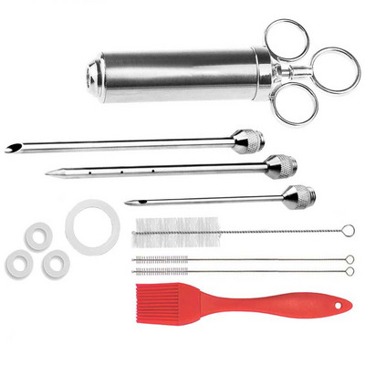 Nerūdijančio plieno kepsninės injektoriaus švirkštas, marinato mėsos purkštukas, 2 uncijų talpa su 6 adatų silikoniniu šepečiu