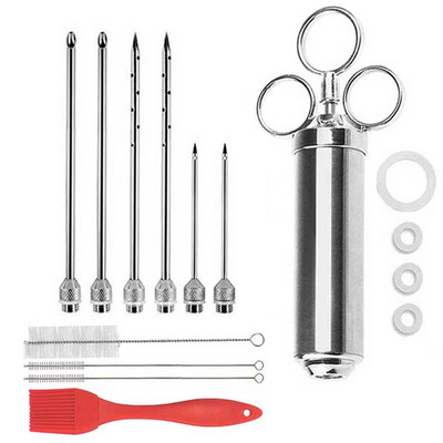 Nerūdijančio plieno kepsninės injektoriaus švirkštas, marinato mėsos purkštukas, 2 uncijų talpa su 6 adatų silikoniniu šepečiu