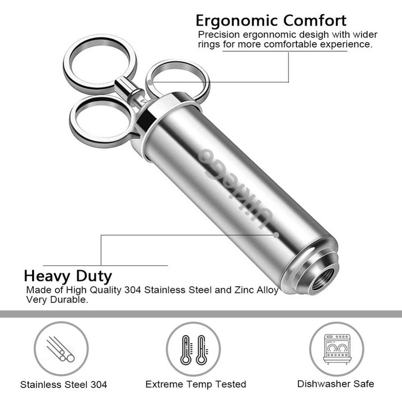 Injector de condiment pentru marinada MLIA 2OZ Injector de carne de curcan 304 seringă de gătit din oțel inoxidabil de injecție pentru grătar de curcan