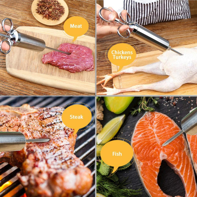 Injector de condiment pentru marinada MLIA 2OZ Injector de carne de curcan 304 seringă de gătit din oțel inoxidabil de injecție pentru grătar de curcan