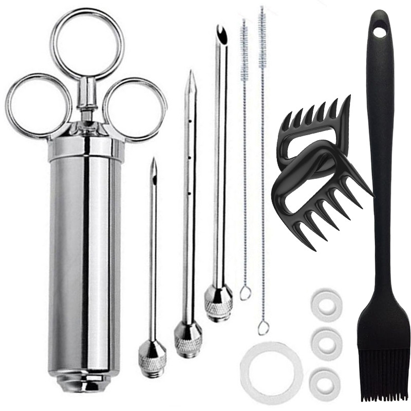 Profesionalus didelio našumo 304 nerūdijančio plieno mėsos purkštukas su 3 marinato adatomis