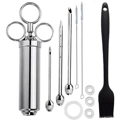 Grilio 2 uncijų marinato prieskonių purkštukas kalakutienos mėsai purkštukai nerūdijančio plieno kepimo švirkštas su 3 adatomis