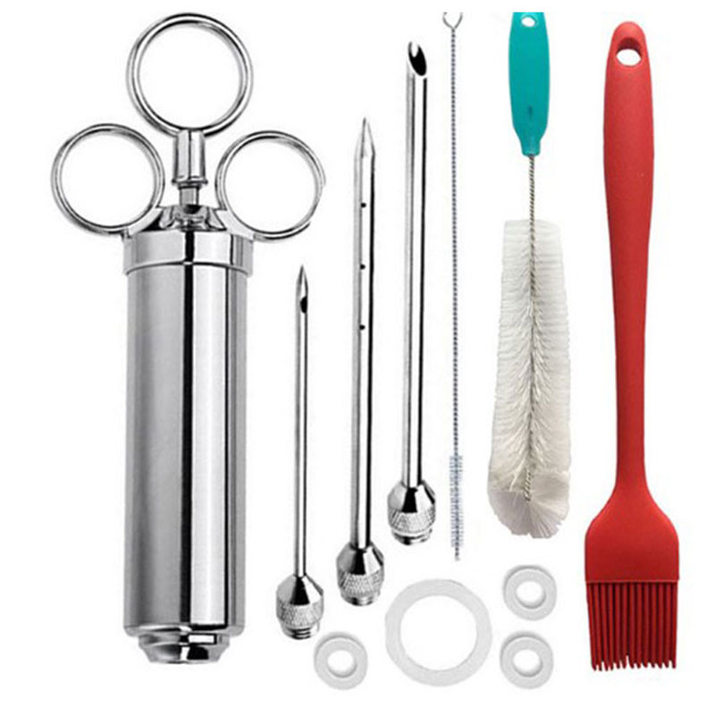 Injector de condimente pentru marinată de 2 oz Injector de carne Injector de seringă de gătit din oțel inoxidabil cu 2-5 ace