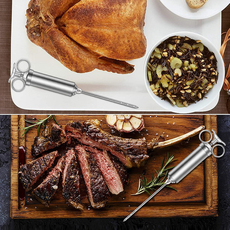 Grill 2OZ Marinada Injector de condimente Injector de carne de curcan Seringă de gătit din oțel inoxidabil Injecție cu 3 ace