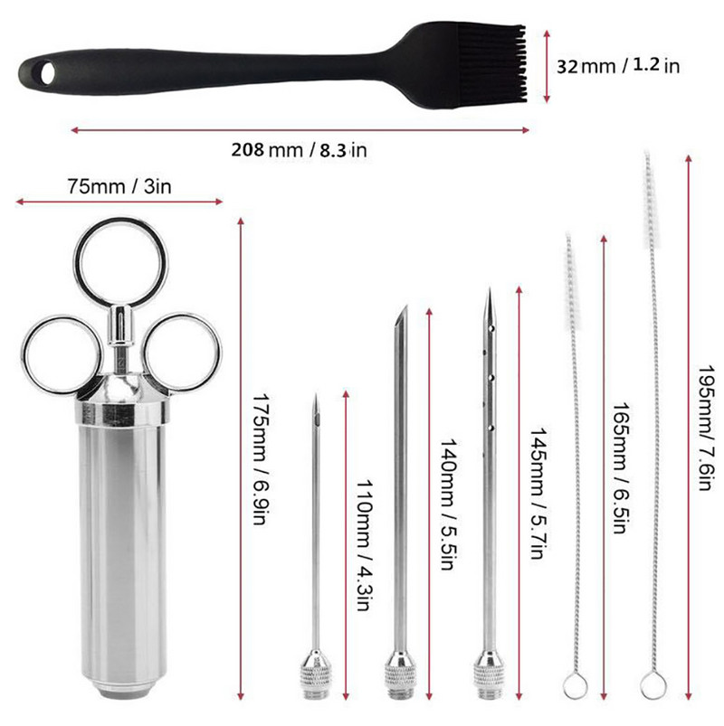 Grill 2OZ Marinada Injector de condimente Injector de carne de curcan Seringă de gătit din oțel inoxidabil Injecție cu 3 ace