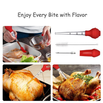 Комплект от 4 силиконова крушка за Турция, включително игла за инжектор за месо с четка за намазване на барбекю и четка за почистване Инструменти за барбекю