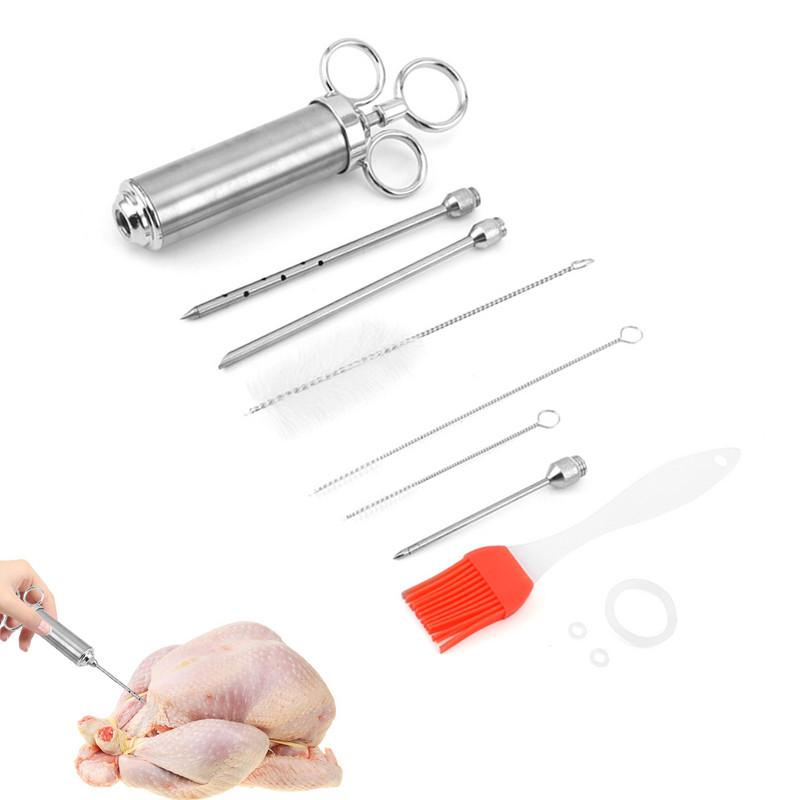 Naujas BBQ mėsos marinato purkštukas su 3 nerūdijančio plieno adatomis kalakutienos vištienos švirkšto padažo įpurškimo virtuvės įrankiai