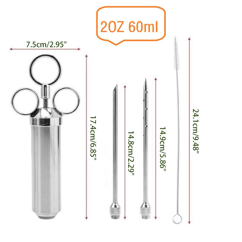 2-4OZ od nehrđajućeg čelika Injektor okusa marinade za meso Kapacitet 1/2 šalice Injektor za začine za roštilj s 2 profesionalne četke za igle