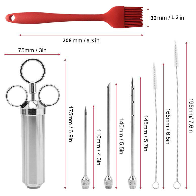 Štrcaljka za ubrizgavanje mesa od nehrđajućeg čelika s 3 igle za ubrizgavanje marinade za pušnicu na roštilju s roštiljem Igla za puretinu od 2 oz velikog kapaciteta