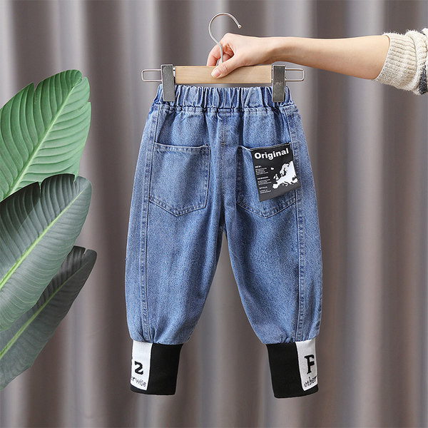 Blugi pentru copii cu picioare late pentru baieti cu buzunar si nasturi