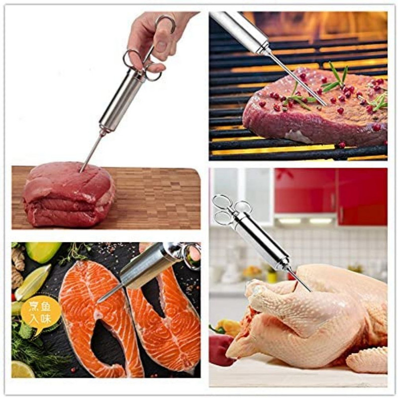 Grilio 2 uncijų marinato prieskonių purkštukas kalakutienos mėsai purkštukai nerūdijančio plieno kepimo švirkštas su 3 adatomis