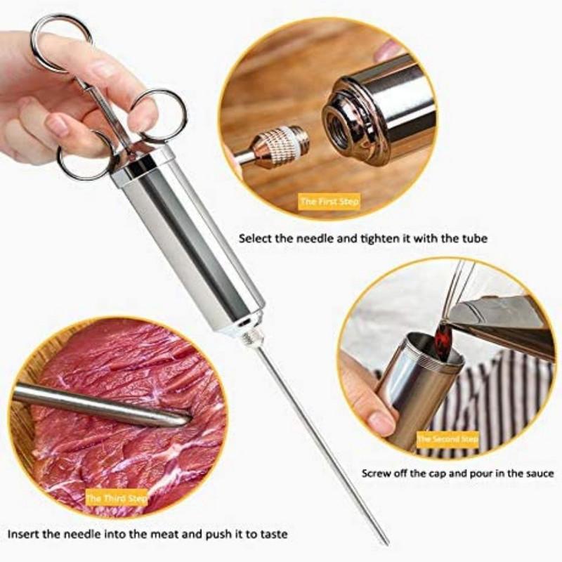 Grilio 2 uncijų marinato prieskonių purkštukas kalakutienos mėsai purkštukai nerūdijančio plieno kepimo švirkštas su 3 adatomis
