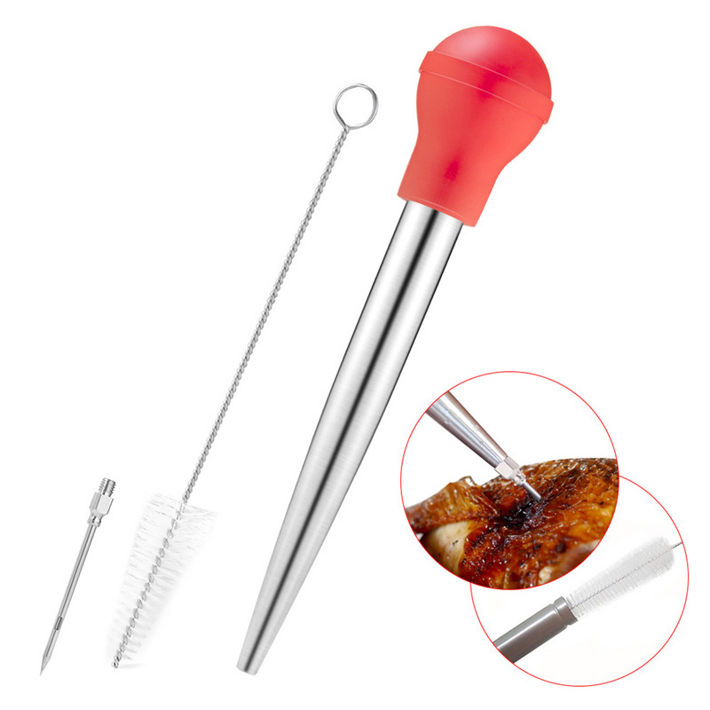 Nerūdijančio plieno silikono siurblys Kalakutienos baster mėsos injektorių skonio adata kepsninių kepsnelių valymo šepetys BBQ prieskonių įrankis