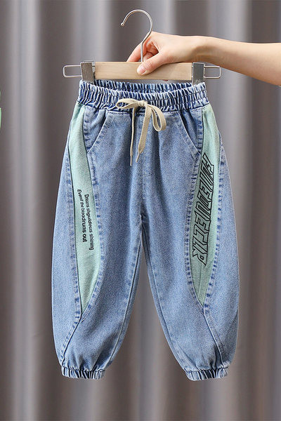 Blugi pentru copii pentru baieti cu imprimeu si sireturi