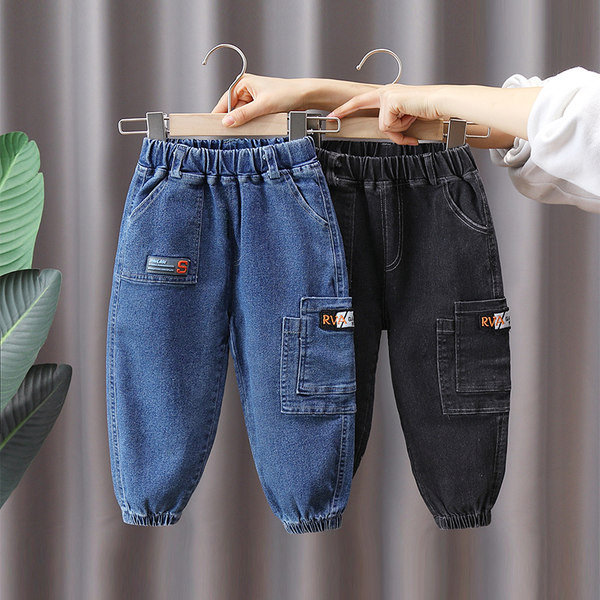 Blugi casual pentru baieti cu logo si buzunar